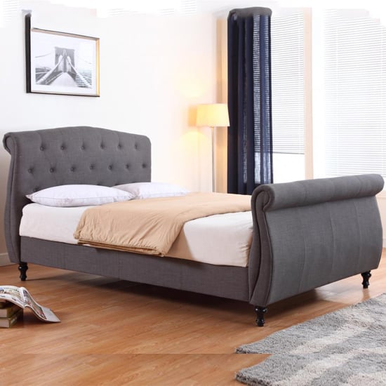 Photo of Maizah linen fabric king size bed in dark grey