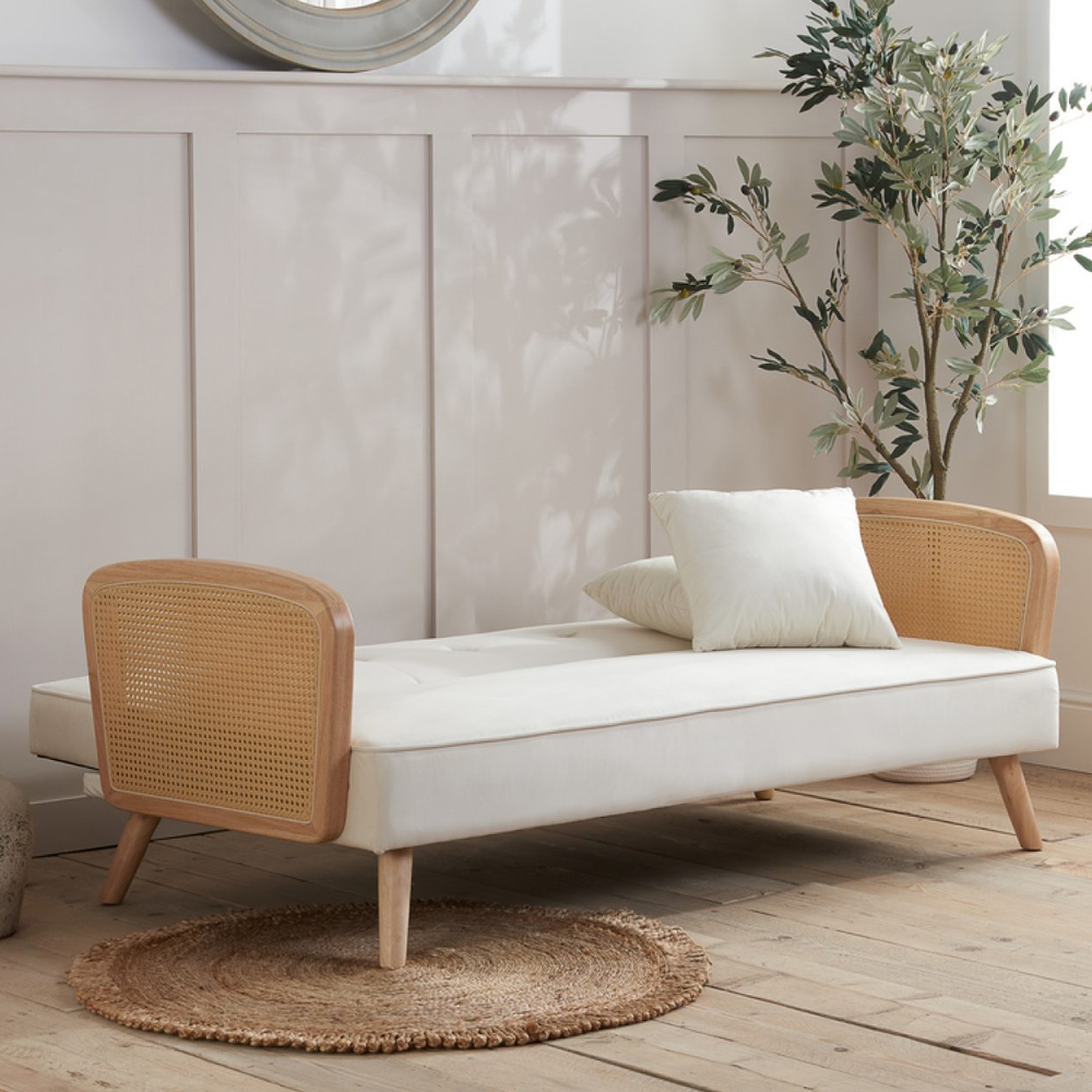 Maize Fabric Sofa Bed With Oak Legs In White