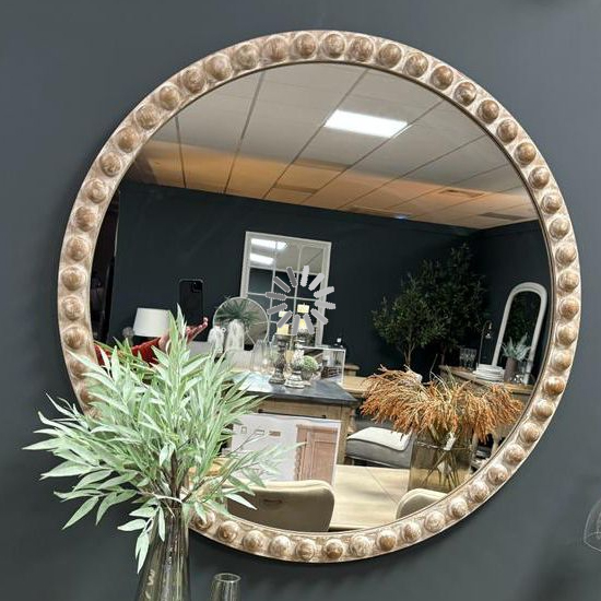 Read more about Malabo large wall mirror round in natural wooden frame