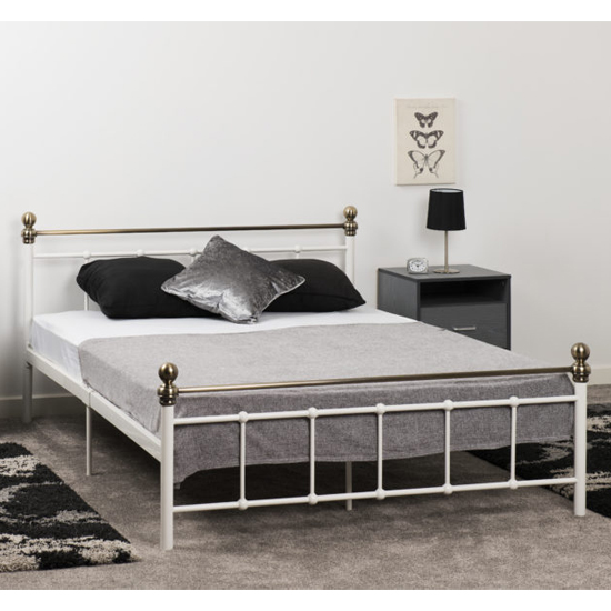 Read more about Malabo metal double bed in white and antique brass