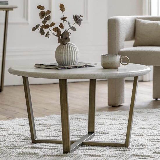 Read more about Malang wooden coffee table round in travertine marble effect