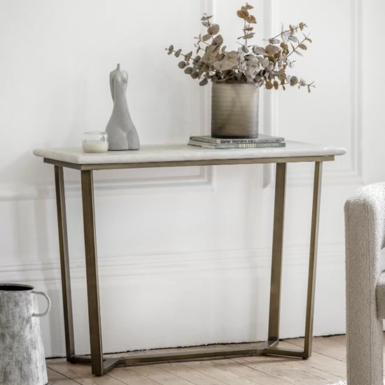 Read more about Malang wooden console table in travertine marble effect