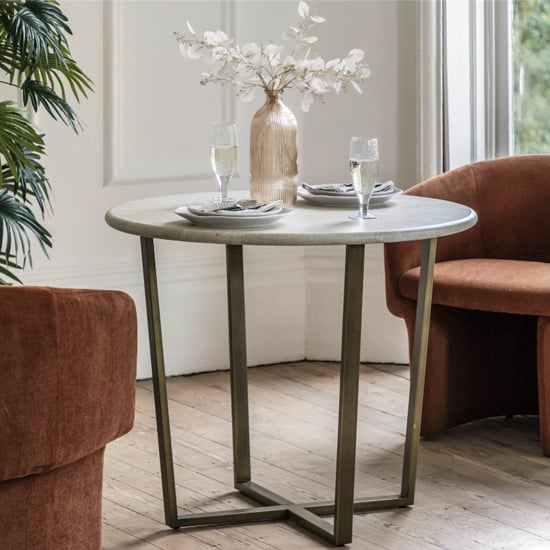 Product photograph of Malang Wooden Dining Table Round In Travertine Marble Effect from Furniture in Fashion