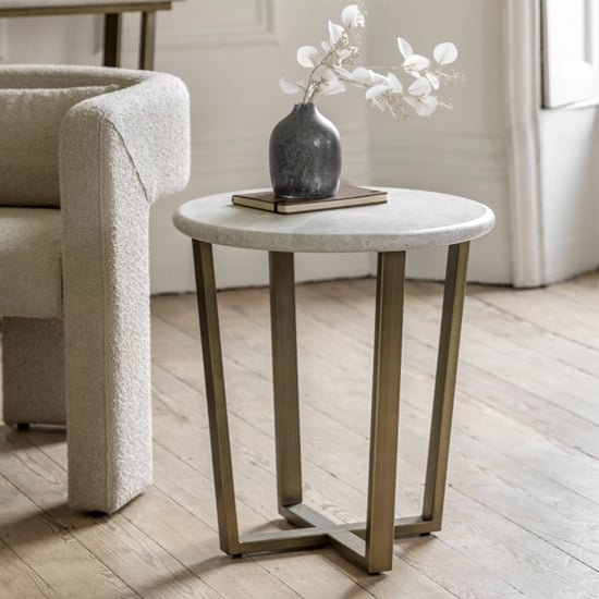 Read more about Malang wooden side table round in travertine marble effect