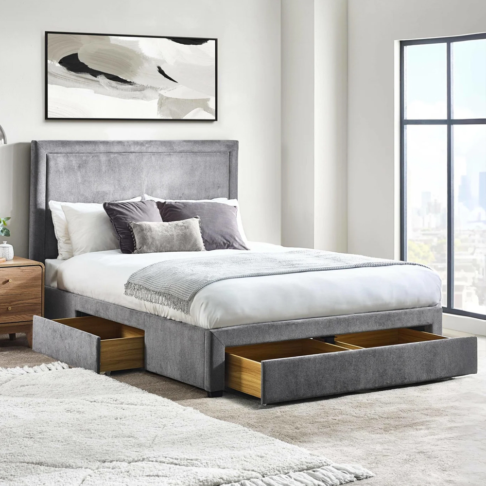 Malibu Fabric Double Bed With 4 Drawers - Grey