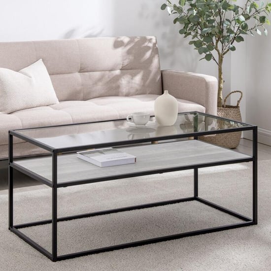 Photo of Malibu glass coffee table with oak and grey reversible shelf