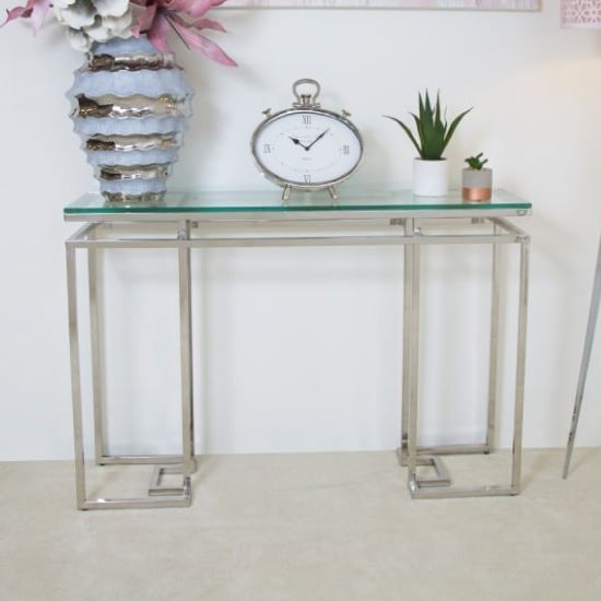 Product photograph of Malibu Glass Console Table With Silver Stainless Steel Frame from Furniture in Fashion