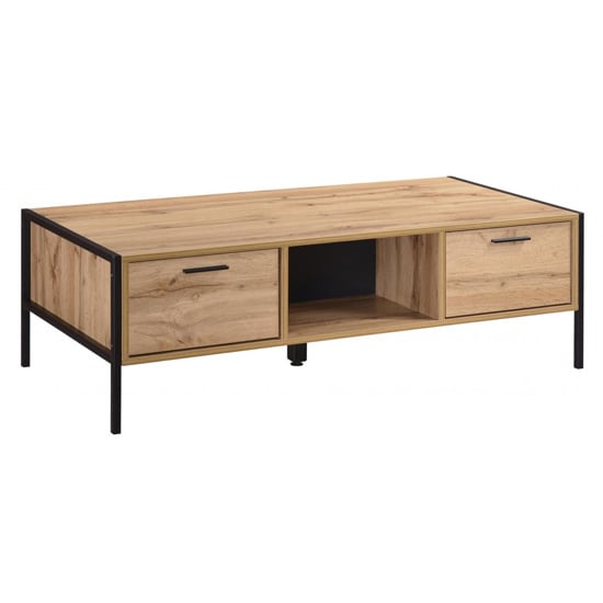 Photo of Malila wooden coffee table with black metal frame in oak