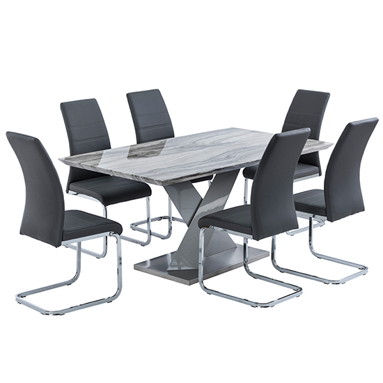 Malin Grey High Gloss Dining Table With 6 Sako Grey Chairs