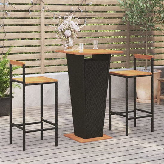 Malka Solid Wood 3 Piece Garden Bar Set In Black Poly Rattan