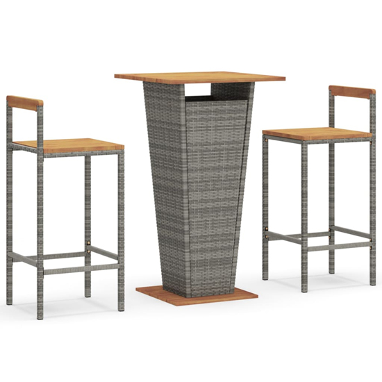 Malka Solid Wood 3 Piece Garden Bar Set In Grey Poly Rattan