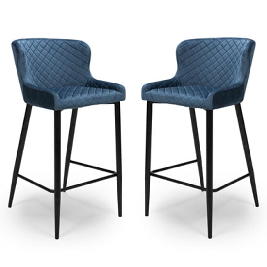 Malmo Blue Velvet Fabric Bar Stool With Metal Base In Pair