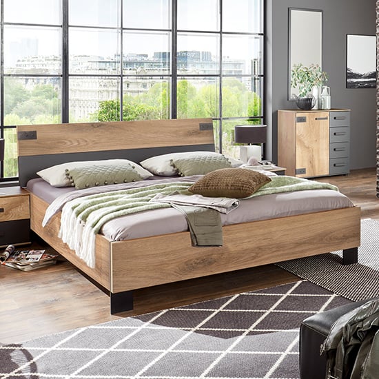 Malmo Wooden Double Bed In Planked Oak And Graphite_1
