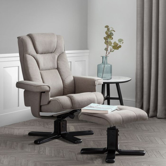 Photo of Maeryn linen swivel recliner chair and stool in grey