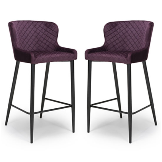 Malmo Mulberry Velvet Fabric Bar Stool With Metal Base In Pair