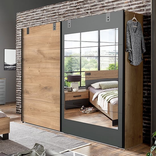 Malmo Sliding Door Mirrored Wardrobe In Planked Oak And Graphite