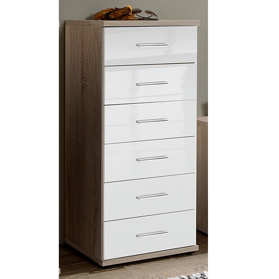 Malta Chest Of Drawers In High Gloss White And Oak With 6 Drawer
