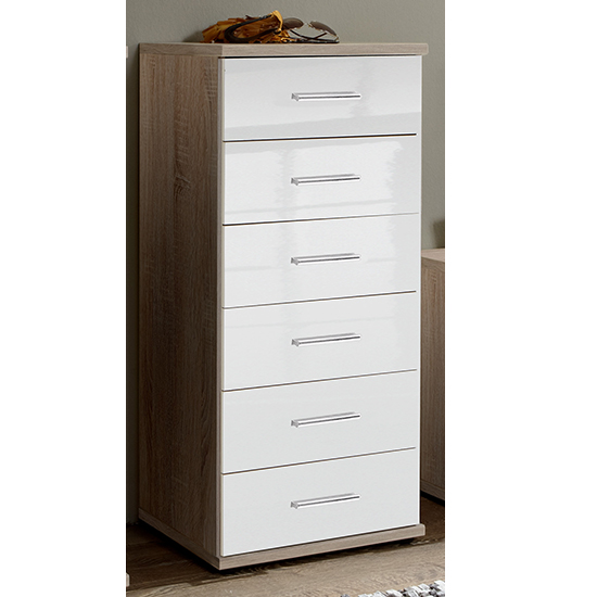Malta Chest Of Drawers In High Gloss White Oak With 6 Drawer