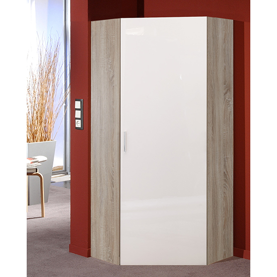 Malta Corner Wooden Wardrobe In High Gloss White And Oak