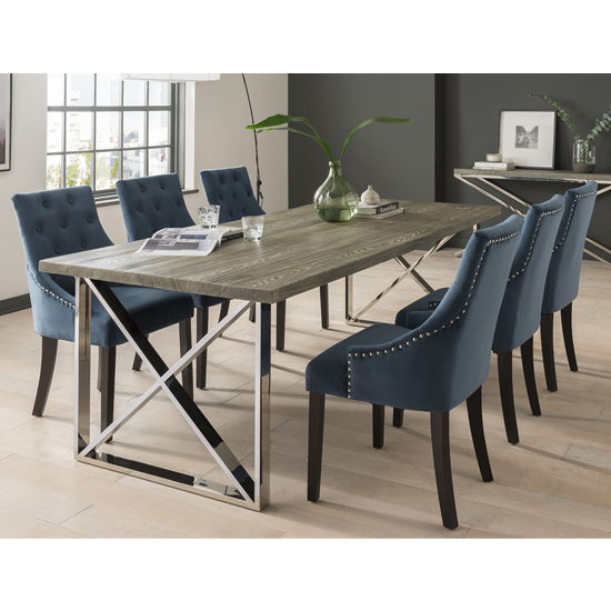 Malta Small Grey Wooden Dining Table With 4 Vanille Blue Chairs