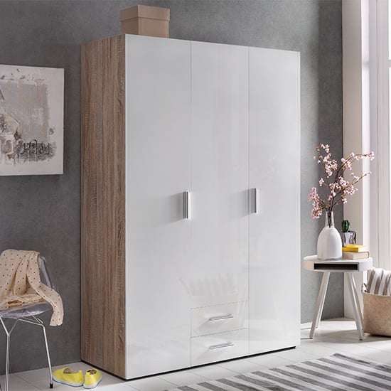 Malta Wardrobe In Gloss White And Oak With 2 Doors 2 Drawers