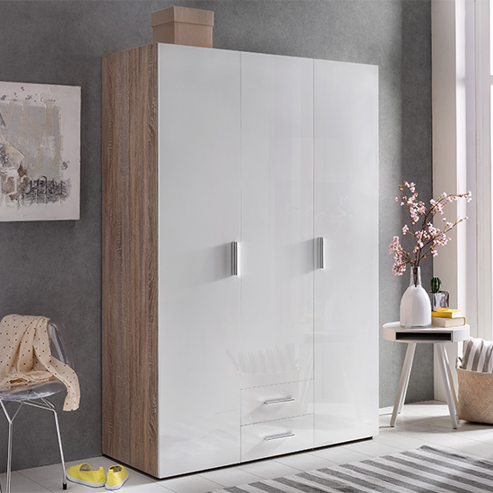 Read more about Malta wardrobe in gloss white and oak with 2 doors 2 drawers