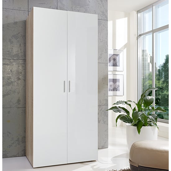 Malta Wooden Wardrobe In High Gloss White And Oak With 2 Doors