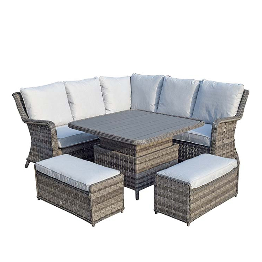 Malti Glass Top Garden Lift Up Dining Set With 2 Ottomans In Grey