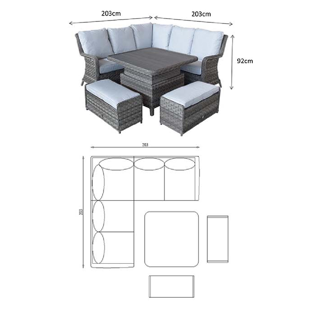 Malti Glass Top Garden Lift Up Dining Set With 2 Ottomans In Grey