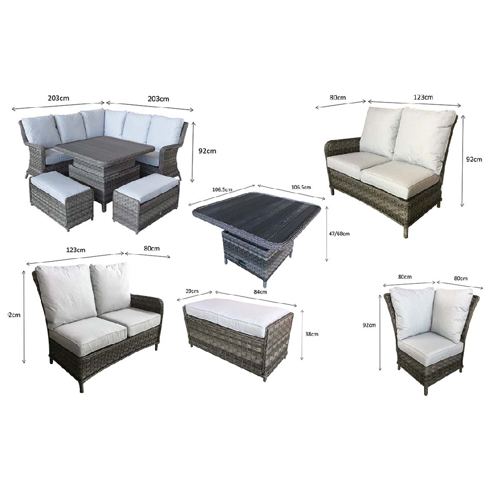 Malti Glass Top Garden Lift Up Dining Set With 2 Ottomans In Grey
