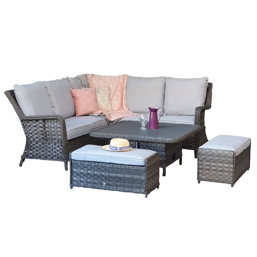 Malti Glass Top Garden Lift Up Dining Set With 2 Ottomans In Grey