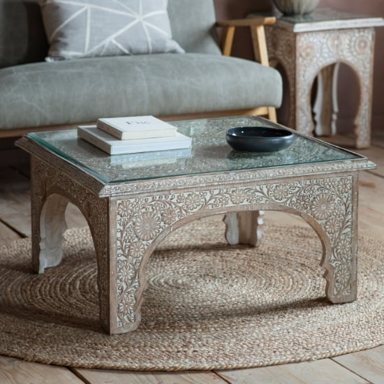 Read more about Mambo clear glass top coffee table with whitewash wooden base