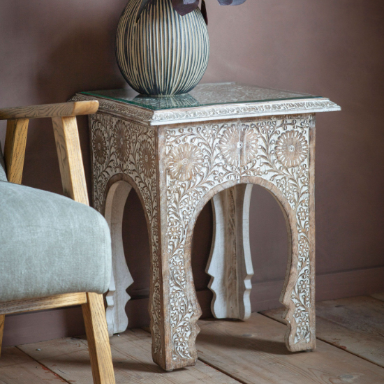 Read more about Mambo clear glass top side table with whitewash wooden base