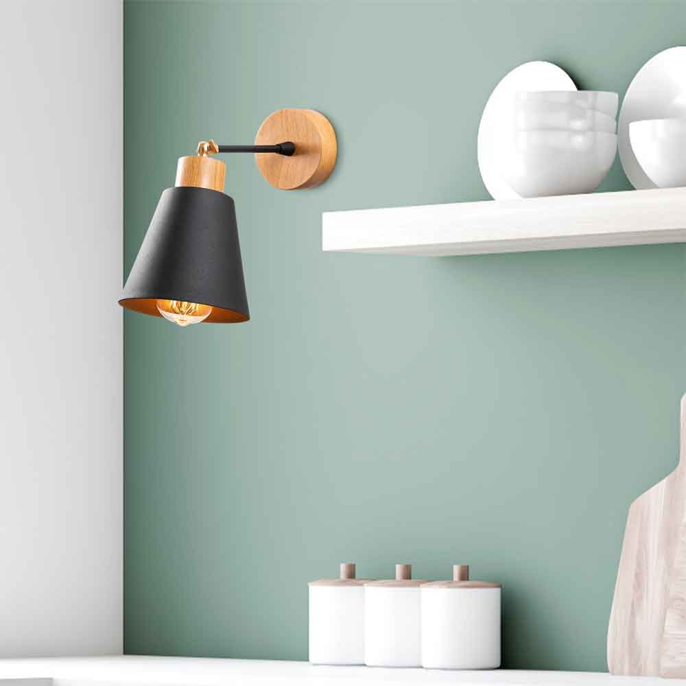Manavgat Bell Shape Metal Wall Lamp in Black and Oak
