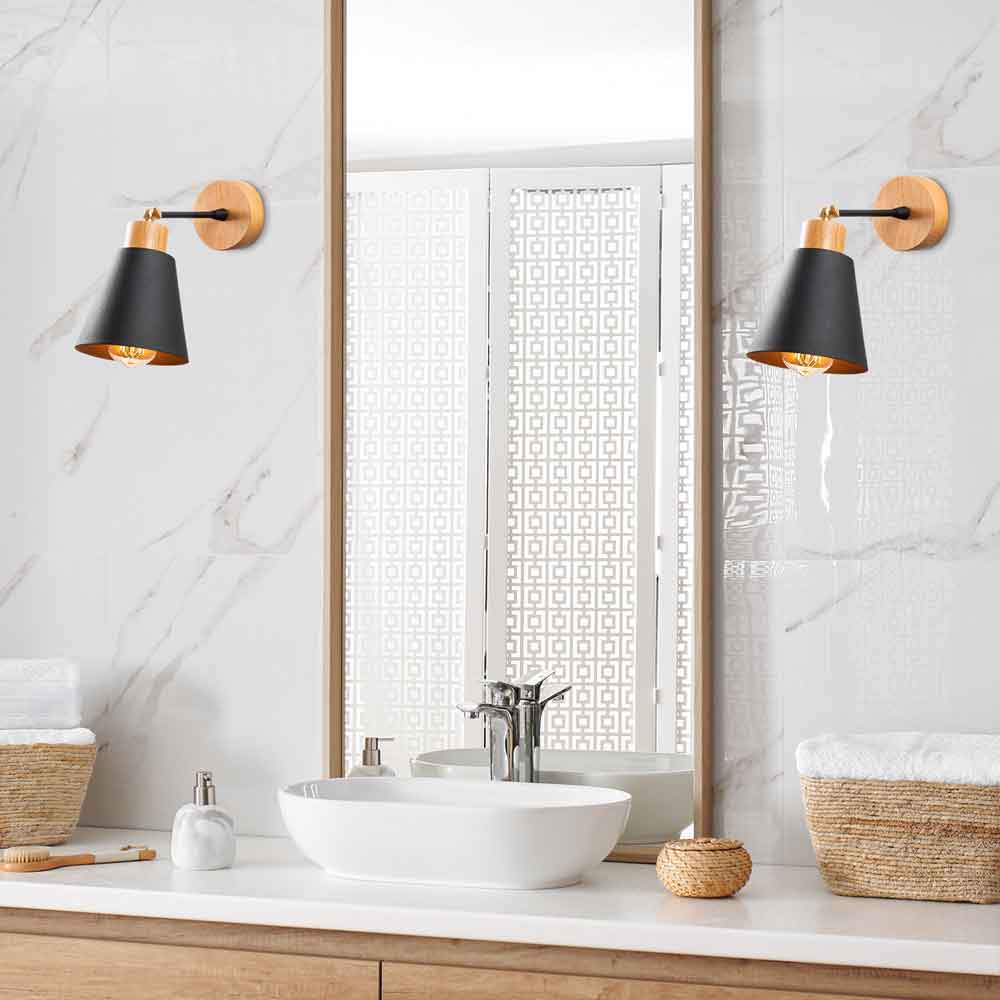 Manavgat Bell Shape Metal Wall Lamp in Black and Oak