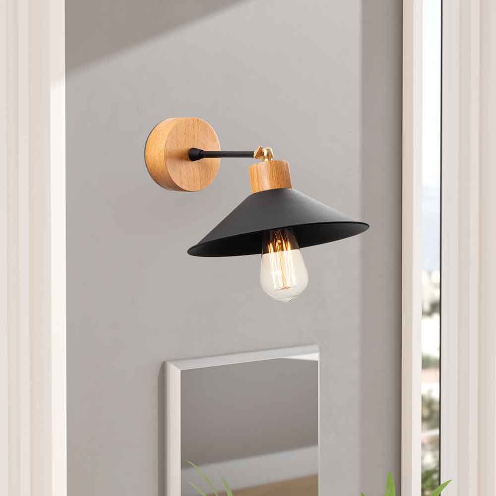 Manavgat Dome Shape Metal Wall Lamp in Black and Oak