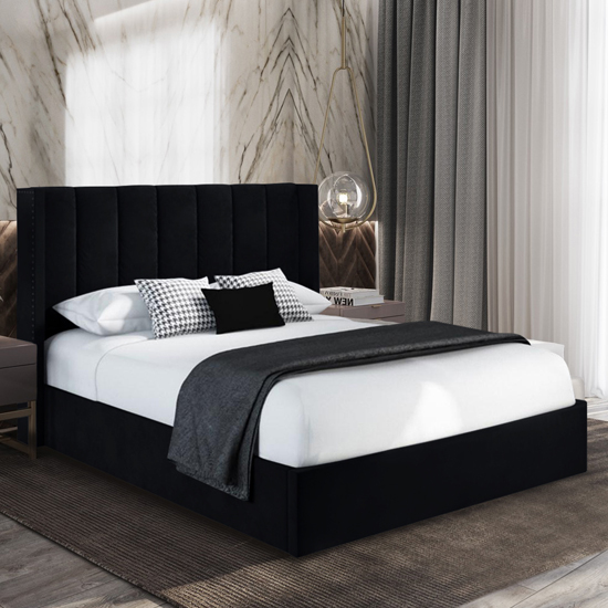 Manchester Plush Velvet Upholstered Double Bed In Black
