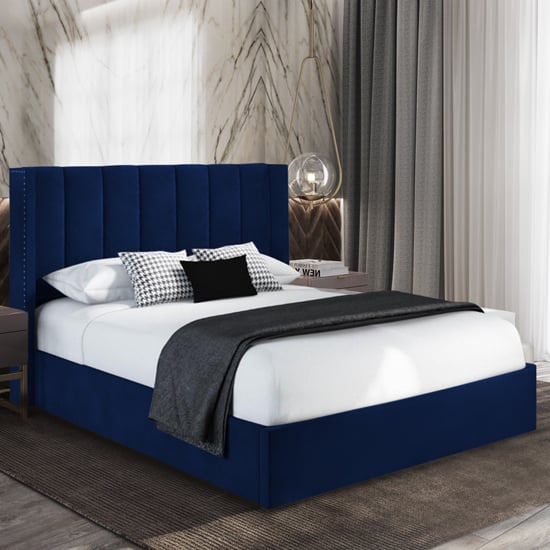 Photo of Manchester plush velvet upholstered double bed in blue