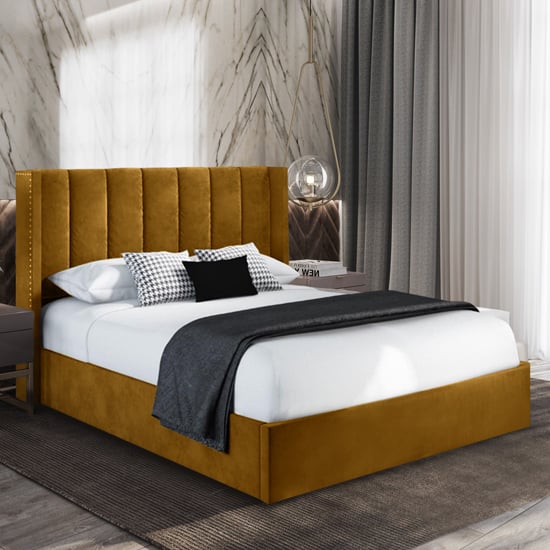 Photo of Manchester plush velvet upholstered double bed in mustard