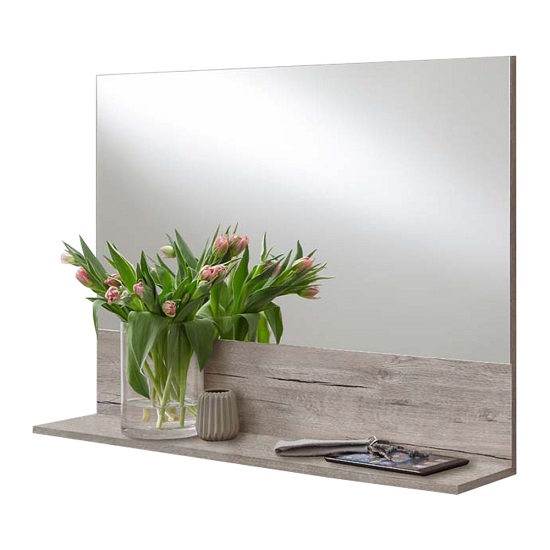 Mandy Contemporary Wall Mirror In Sand Oak With Shelf Furniture Mandy Contemporary Wall Mirror In Sand