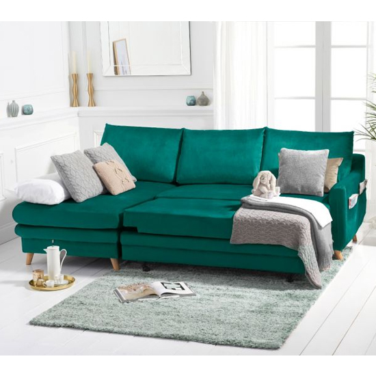 Maneto Velvet Left Hand Facing Corner Sofa Bed In Green_2