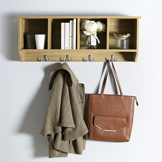 Read more about Keswick wall rack in oak with four storage compartments