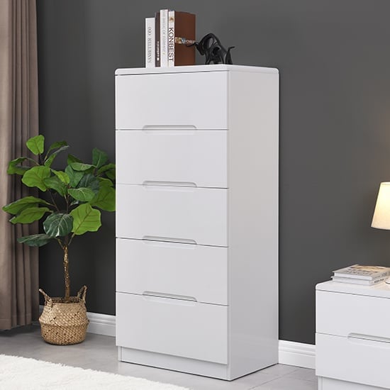 Manhattan Tall High Gloss Chest Of 5 Drawers In White_2