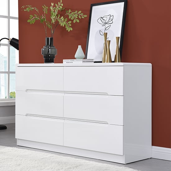 Manhattan Wide High Gloss Chest Of 6 Drawers In White_2