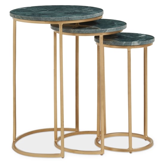 Product photograph of Mania Round Green Marble Top Nest Of 3 Tables With Gold Frame from Furniture in Fashion