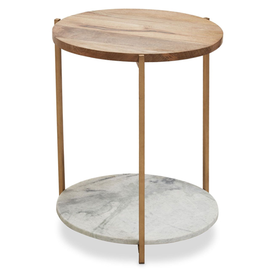 Photo of Mania round natural wooden top side table with gold frame