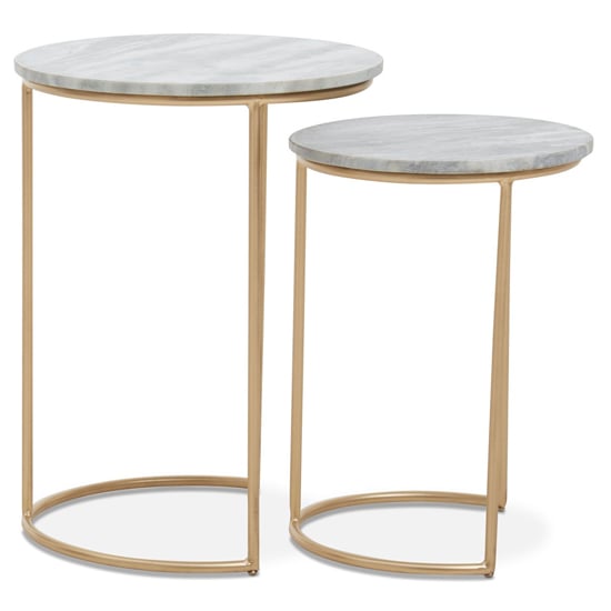 Read more about Mania round white marble top nest of 2 tables with gold frame