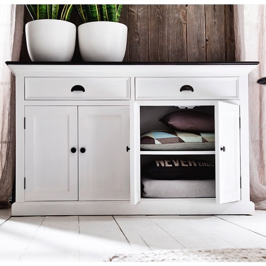 View Allthorp solid wood sideboard in white and black top with 4 door