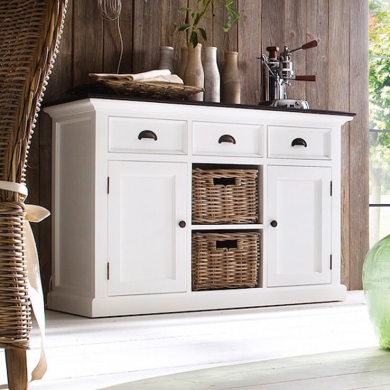 Photo of Allthorp solid wood sideboard white and black top with baskets