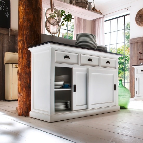 Photo of Allthorp solid wood sideboard in white black with sliding doors